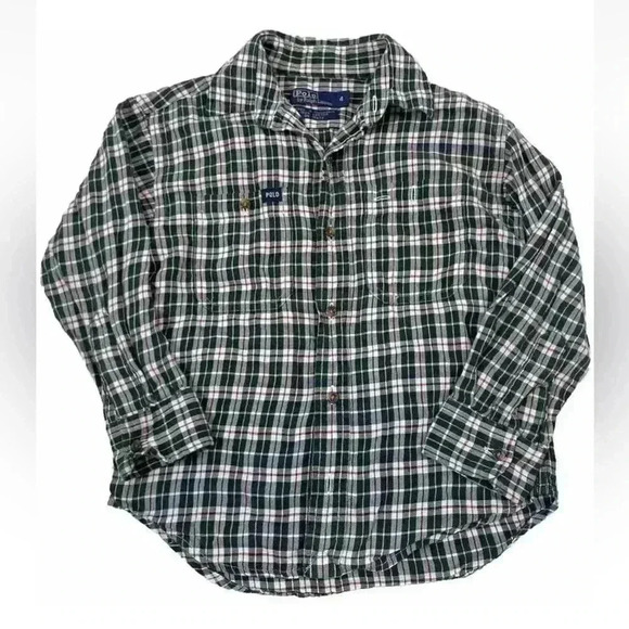 Ralph Lauren Boys 4 Kid GREEN RED Plaid LS Button Down Shirt 100% Cotton POLO - Picture 1 of 11